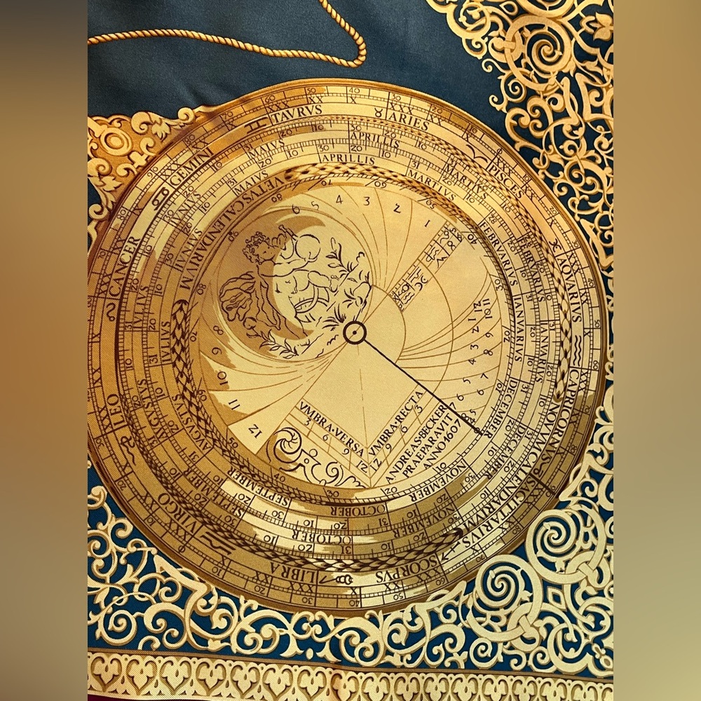 Vintage Gianfranco Ferre Silk Scarf Golden Astronomy Calendar hand rolled 34x34 - Picture 8 of 10